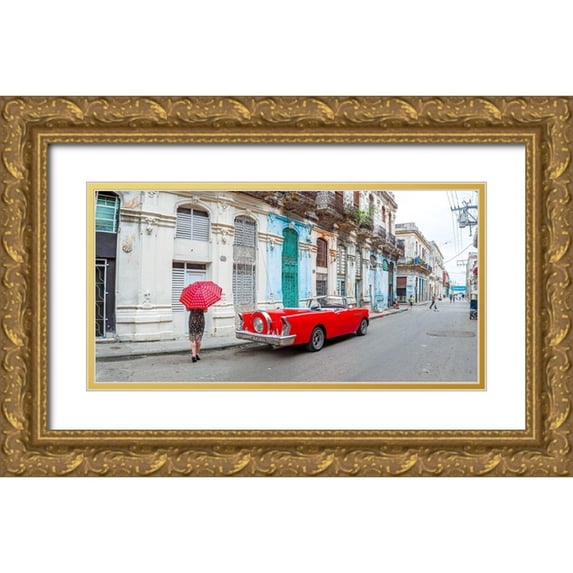 Frank, Assaf 18x11 Gold Ornate Wood Framed with Double Matting Museum Art Print Titled - Woman with red umbrella by a vintage car on the street of Havana, Cuba, FTBR 1851