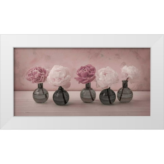 Frank, Assaf 18x11 White Modern Wood Framed Museum Art Print Titled - Peonies in glass bottles
