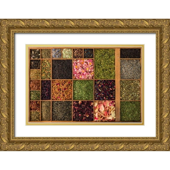 Frank, Assaf 18x13 Gold Ornate Wood Framed with Double Matting Museum Art Print Titled - Varieties of tea in a wooden box