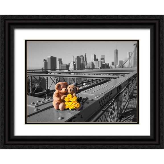 Frank, Assaf 18x14 Black Ornate Wood Framed with Double Matting Museum Art Print Titled - Pair of teddy bears and bunch of roses on Brooklyn Bridge, New York