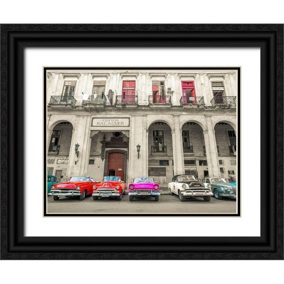 Frank, Assaf 18x15 Black Ornate Wood Framed with Double Matting Museum Art Print Titled - Traditional cuban cars parked in row by the road in Havava, Cuba,