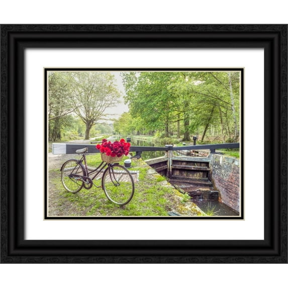 Frank, Assaf 18x15 Black Ornate Wood Framed with Double Matting Museum Art Print Titled - Bicycle with bunch of white roses by the canal