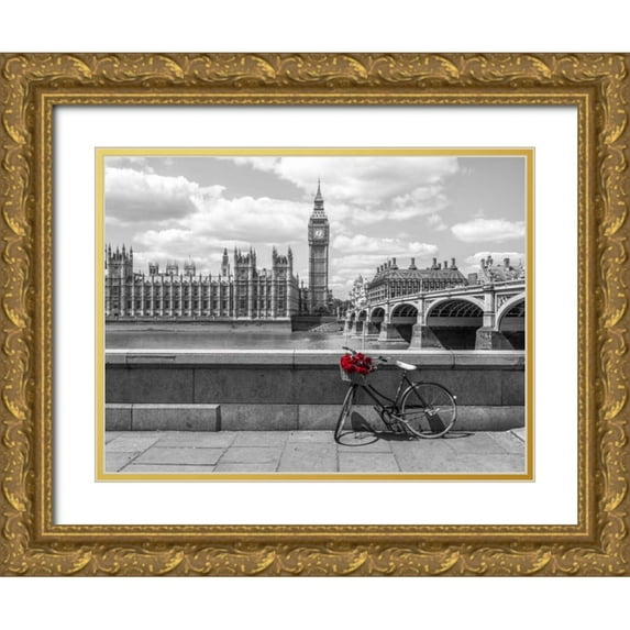 Frank, Assaf 18x15 Gold Ornate Wood Framed with Double Matting Museum Art Print Titled - Bunch of Roses on a bicycle agaisnt Westminster Abby, London, UK
