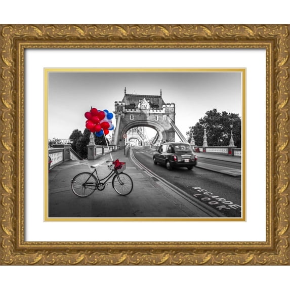 Frank, Assaf 18x15 Gold Ornate Wood Framed with Double Matting Museum Art Print Titled - Colorful balloons and bunch of roses on a bicycle at Tower bridge, London, UK