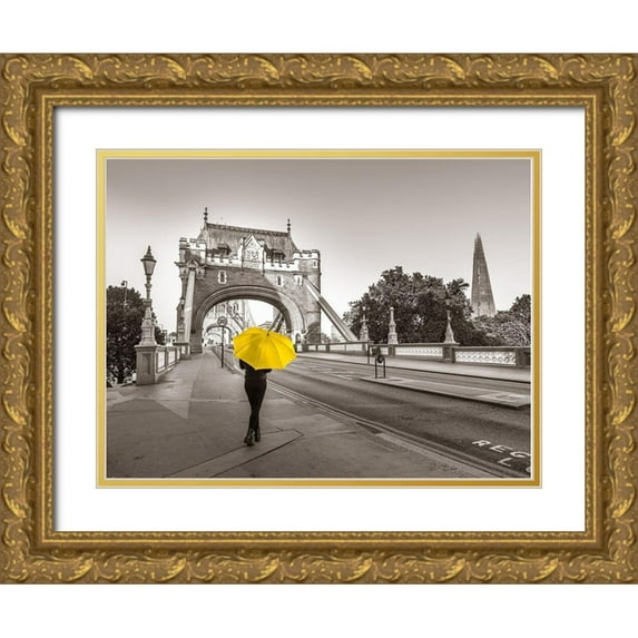 Frank, Assaf 18x15 Gold Ornate Wood Framed with Double Matting Museum Art Print Titled - Lady with a yellow umbrella, Tower bridge, London