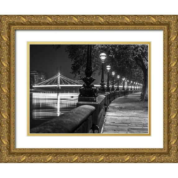 Frank, Assaf 18x15 Gold Ornate Wood Framed with Double Matting Museum Art Print Titled - London Riverside Promenade with Albert Bridge