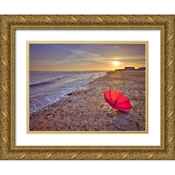 Frank, Assaf 18x15 Gold Ornate Wood Framed with Double Matting Museum Art Print Titled - Row of beach huts at sunset, Hayling Island