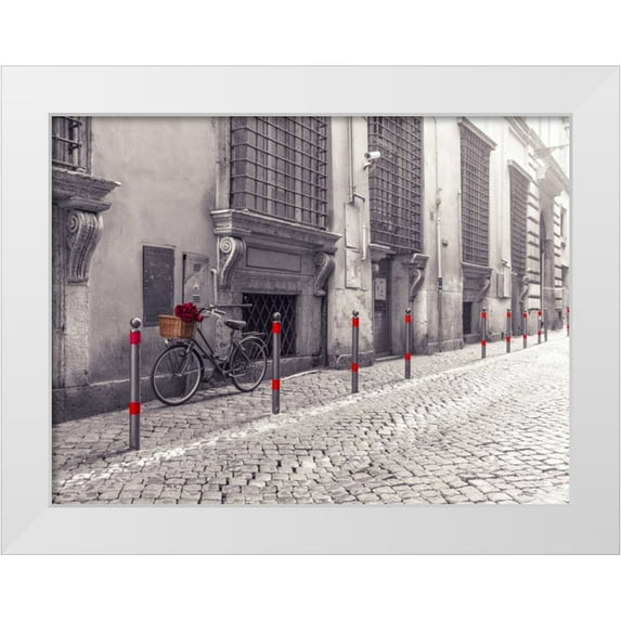 Frank, Assaf 18x15 White Modern Wood Framed Museum Art Print Titled - Bunch of roses on bicycle on old city street of Rome