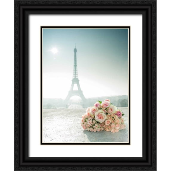Frank, Assaf 19x24 Black Ornate Wood Framed with Double Matting Museum Art Print Titled - Bunch of roses next to the Eiffel tower