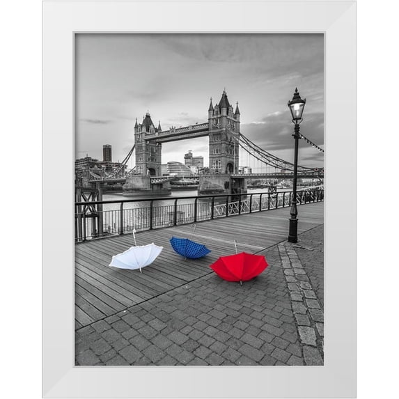 Frank, Assaf 19x24 White Modern Wood Framed Museum Art Print Titled - Colorful umbrellas on promenade near Tower bridge-London-UK