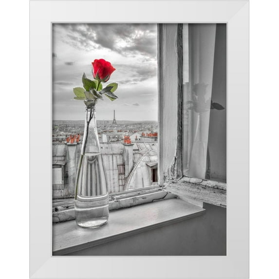 Frank, Assaf 19x24 White Modern Wood Framed Museum Art Print Titled - Flower vase on window with Eiffle tower in background-Paris