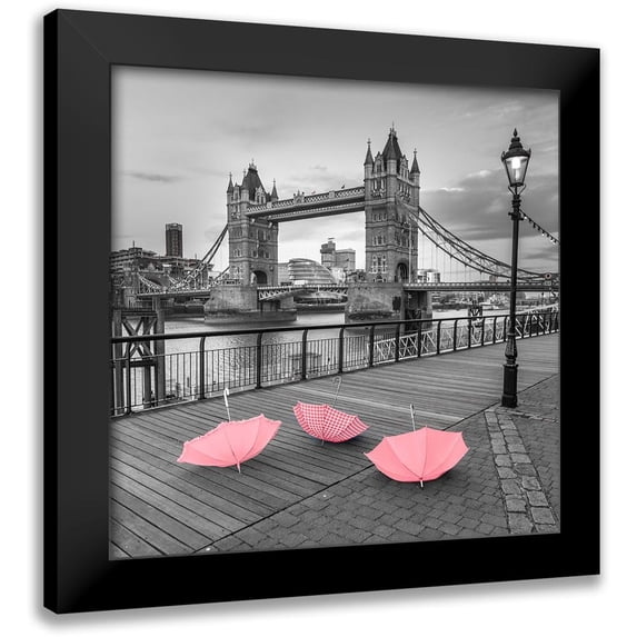 Frank, Assaf 20x20 Black Modern Framed Museum Art Print Titled - Pink umbrellas, Tower bridge, London