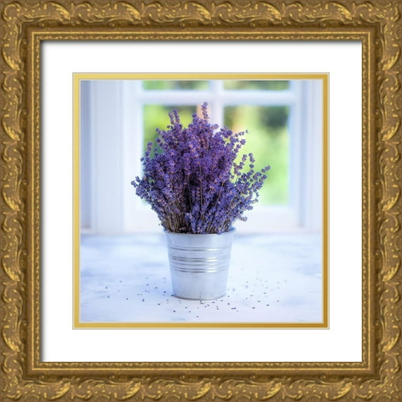Frank, Assaf 20x20 Gold Ornate Wood Framed with Double Matting Museum Art Print Titled - Bunch of lavender in vase by the window - Indoors