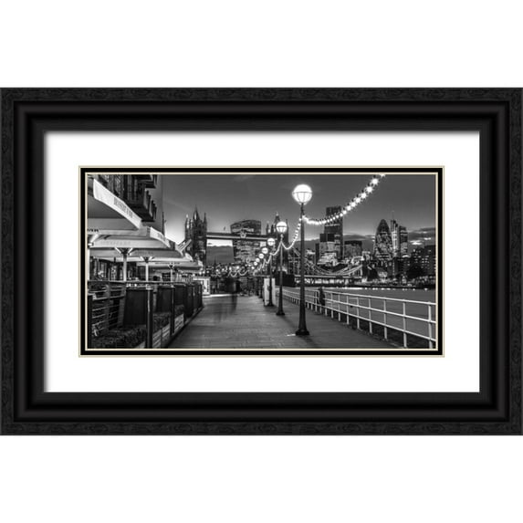 Frank, Assaf 24x14 Black Ornate Wood Framed with Double Matting Museum Art Print Titled - London Riverside Promenade with Tower bridge