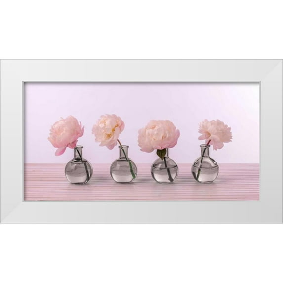 Frank, Assaf 24x14 White Modern Wood Framed Museum Art Print Titled - Peonies in glass bottles