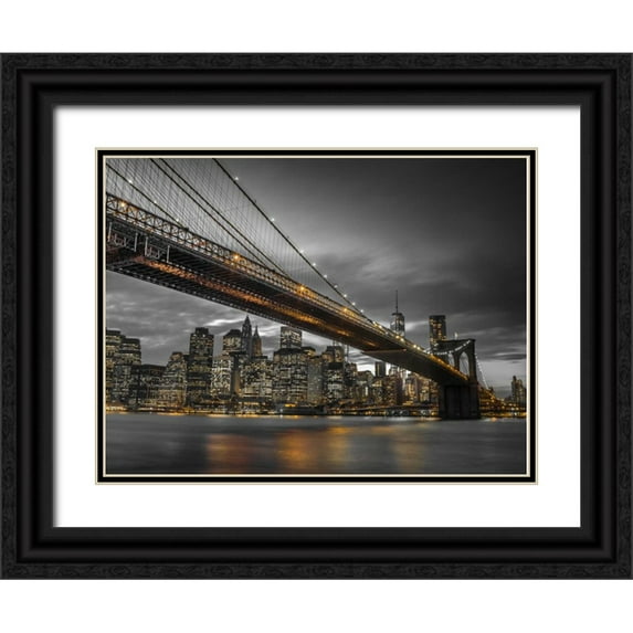 Frank, Assaf 24x19 Black Ornate Wood Framed with Double Matting Museum Art Print Titled - Brooklyn Bridge and lower Manhattan skyline at dusk, New York