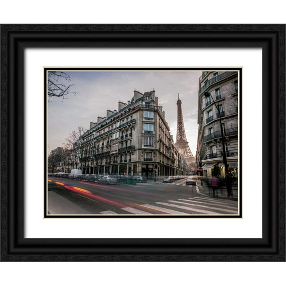 Frank, Assaf 24x19 Black Ornate Wood Framed with Double Matting Museum Art Print Titled - Eiffel tower from city street, Paris, France