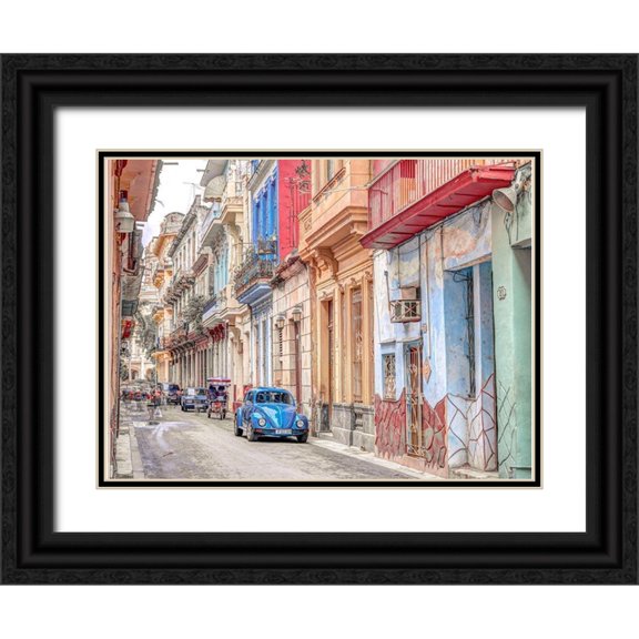 Frank, Assaf 24x19 Black Ornate Wood Framed with Double Matting Museum Art Print Titled - Vintage car on street of Havana, Cuba