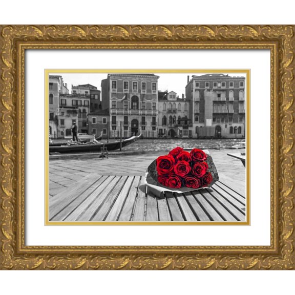 Frank, Assaf 24x19 Gold Ornate Wood Framed with Double Matting Museum Art Print Titled - Bunch of red roses on street cafe table near canal, Venice, Italy