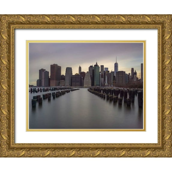 Frank, Assaf 24x19 Gold Ornate Wood Framed with Double Matting Museum Art Print Titled - Manhattan skyline with rows of groynes in East river, New York