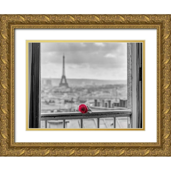 Frank, Assaf 24x19 Gold Ornate Wood Framed with Double Matting Museum Art Print Titled - Rose on balcony railing with Eiffel Tower in background, Paris, France