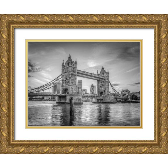 Frank, Assaf 24x19 Gold Ornate Wood Framed with Double Matting Museum Art Print Titled - Famous Tower Bridge over River Thames, London, UK