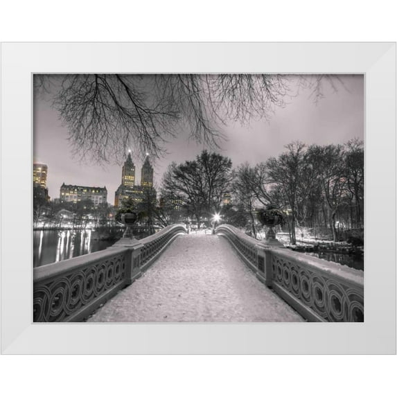 Frank, Assaf 24x19 White Modern Wood Framed Museum Art Print Titled - Central park Bow Bridge with Manhattan skyline, New York