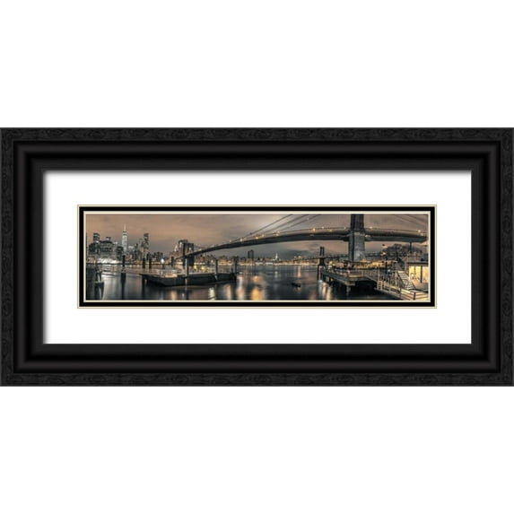 Frank, Assaf 24x9 Black Ornate Wood Framed with Double Matting Museum Art Print Titled - Brooklyn bridge over East river, New York