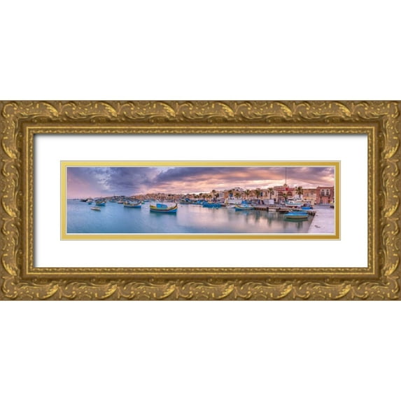 Frank, Assaf 24x9 Gold Ornate Wood Framed with Double Matting Museum Art Print Titled - Marsaxlokk harbour, Malta