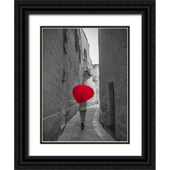 Frank, Assaf 25x32 Black Ornate Wood Framed with Double Matting Museum Art Print Titled - Tourist with heart shaped umbrella walking through narrow street of Mdina, Malta