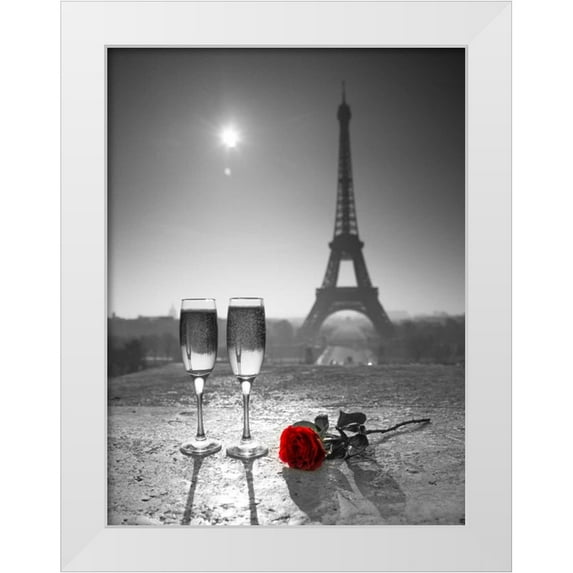 Frank, Assaf 25x32 White Modern Wood Framed Museum Art Print Titled - Champagne glasses with red rose next to the Eiffel tower
