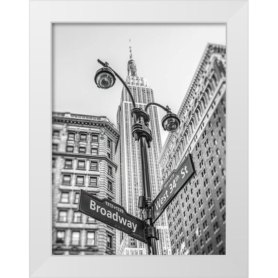 Frank, Assaf 25x32 White Modern Wood Framed Museum Art Print Titled - Street lamp and street signs with Empire State building in background - New York