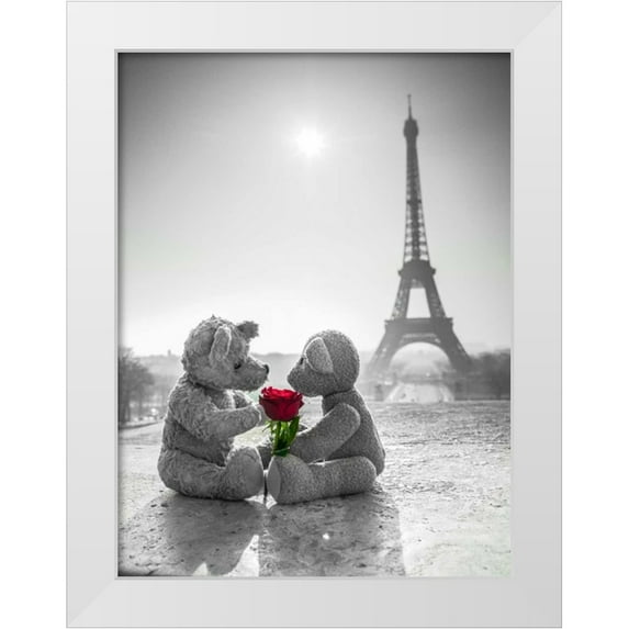 Frank, Assaf 25x32 White Modern Wood Framed Museum Art Print Titled - Two Teddy bears with a rose next to the Eiffel tower