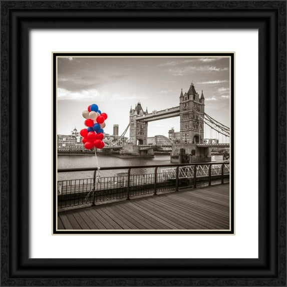Frank, Assaf 26x26 Black Ornate Wood Framed with Double Matting Museum Art Print Titled - Balloons on promenade near Tower bridge, London, UK