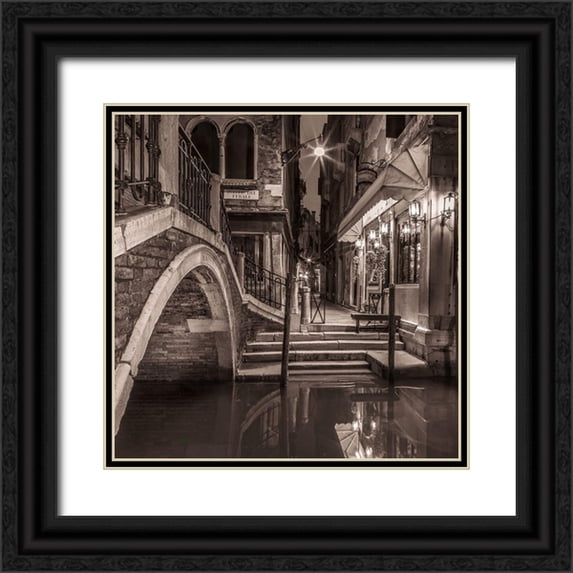 Frank, Assaf 26x26 Black Ornate Wood Framed with Double Matting Museum Art Print Titled - Night shot of cafe by narrow canal-Venice-Italy