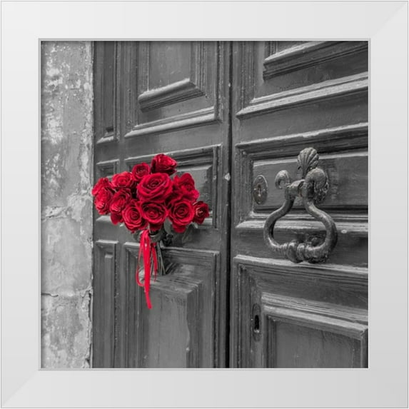 Frank, Assaf 26x26 White Modern Wood Framed Museum Art Print Titled - Bunch of roses on door of a building in Mdina, Malta