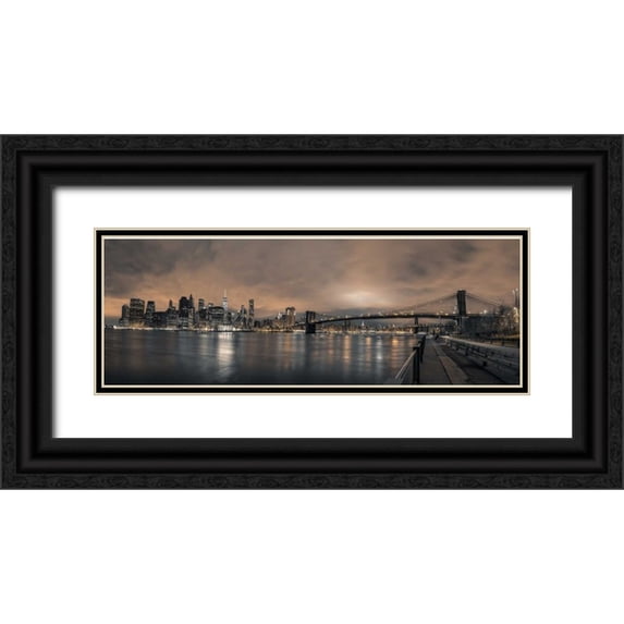 Frank, Assaf 32x14 Black Ornate Wood Framed with Double Matting Museum Art Print Titled - Lower Manhattan skyline in evening, New York
