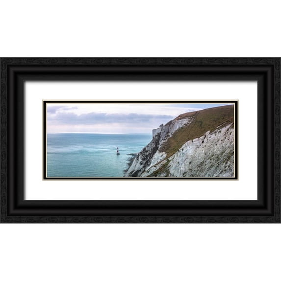 Frank, Assaf 32x15 Black Ornate Wood Framed with Double Matting Museum Art Print Titled - Beachy Head and Lighthouse, Eastbourne, England, UK