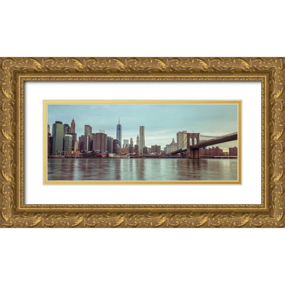Frank, Assaf 32x15 Gold Ornate Wood Framed with Double Matting Museum Art Print Titled - Lower Manhattan skyline with Brooklyn Bridge, New York