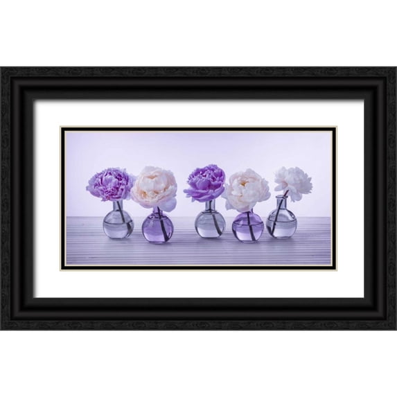 Frank, Assaf 32x18 Black Ornate Wood Framed with Double Matting Museum Art Print Titled - Peonies in glass bottles