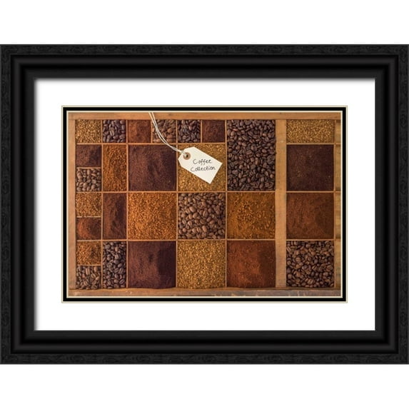 Frank, Assaf 32x23 Black Ornate Wood Framed with Double Matting Museum Art Print Titled - Variety of coffee beans in a wooden box