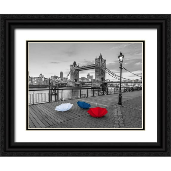 Frank, Assaf 32x25 Black Ornate Wood Framed with Double Matting Museum Art Print Titled - Colorful umbrellas on promenade near Tower bridge, London, UK