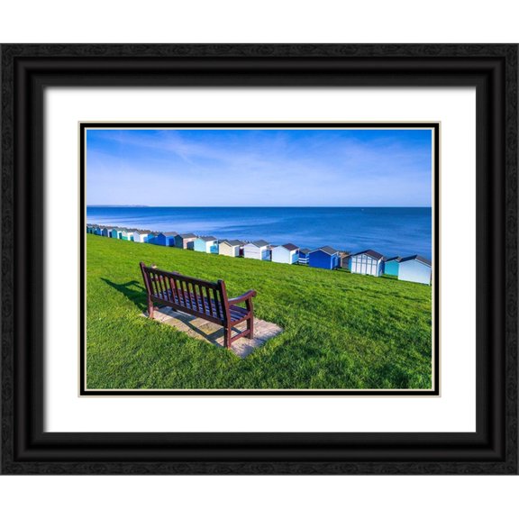 Frank, Assaf 32x25 Black Ornate Wood Framed with Double Matting Museum Art Print Titled - Bench on lawn with beach huts in background