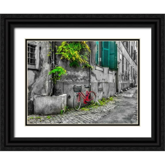 Frank, Assaf 32x25 Black Ornate Wood Framed with Double Matting Museum Art Print Titled - Bicycle outside old building, Rome, Italy