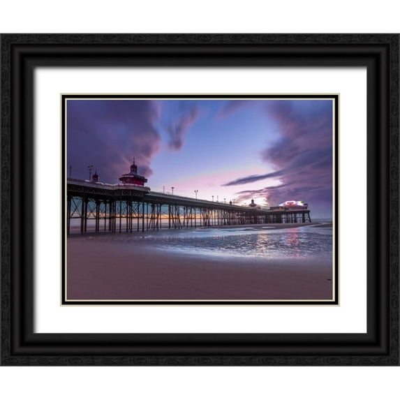 Frank, Assaf 32x25 Black Ornate Wood Framed with Double Matting Museum Art Print Titled - Blackpool sea shore with jetty