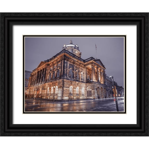 Frank, Assaf 32x25 Black Ornate Wood Framed with Double Matting Museum Art Print Titled - Town Hall Building at night, Liverpool, FTBR-1869