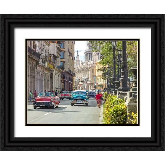 Frank, Assaf 32x25 Black Ornate Wood Framed with Double Matting Museum Art Print Titled - Vintage cars on Havana street, Cuba