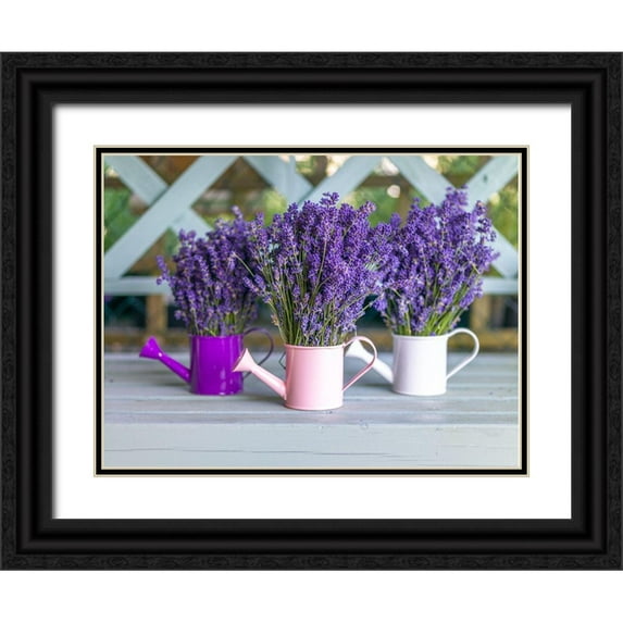 Frank, Assaf 32x25 Black Ornate Wood Framed with Double Matting Museum Art Print Titled - Watering cans with Lavender flowers