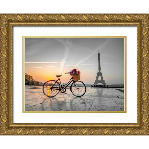 Frank, Assaf 32x25 Gold Ornate Wood Framed with Double Matting Museum Art Print Titled - Bicycle with a basket of flowers next to the Eiffel tower, Paris, France