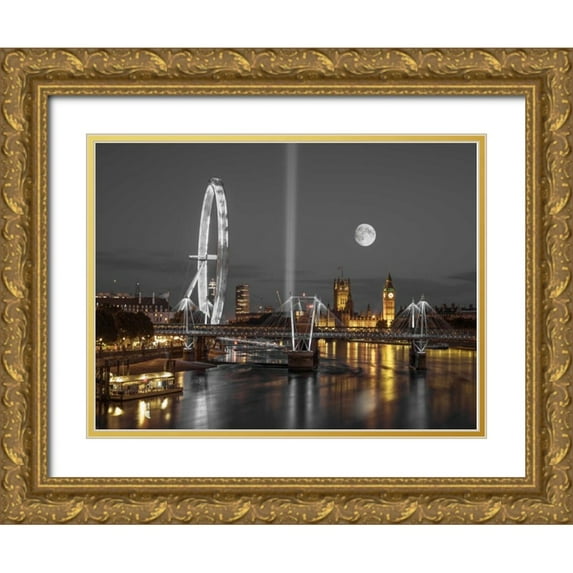 Frank, Assaf 32x25 Gold Ornate Wood Framed with Double Matting Museum Art Print Titled - Night view of the London Eye, Golden Jubilee bridge and Westminster, London, UK